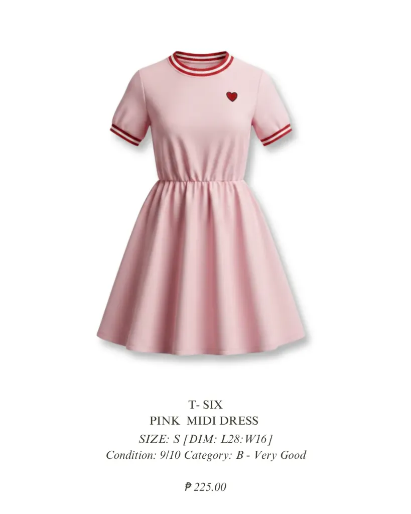 T- six- pink midi dress gathered waist w/ heart embroidery detail