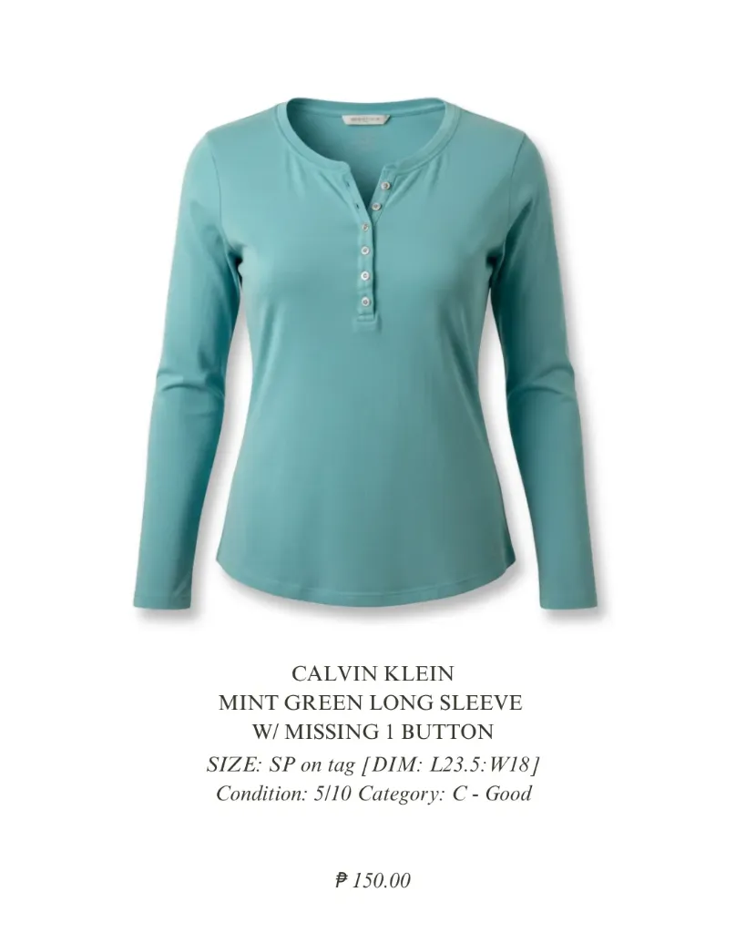 Mint Green Long Sleeve by Calvin Klein w/ missing 1 button